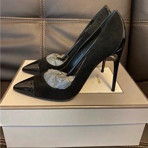 Tom Ford black suede and patent leather heels.